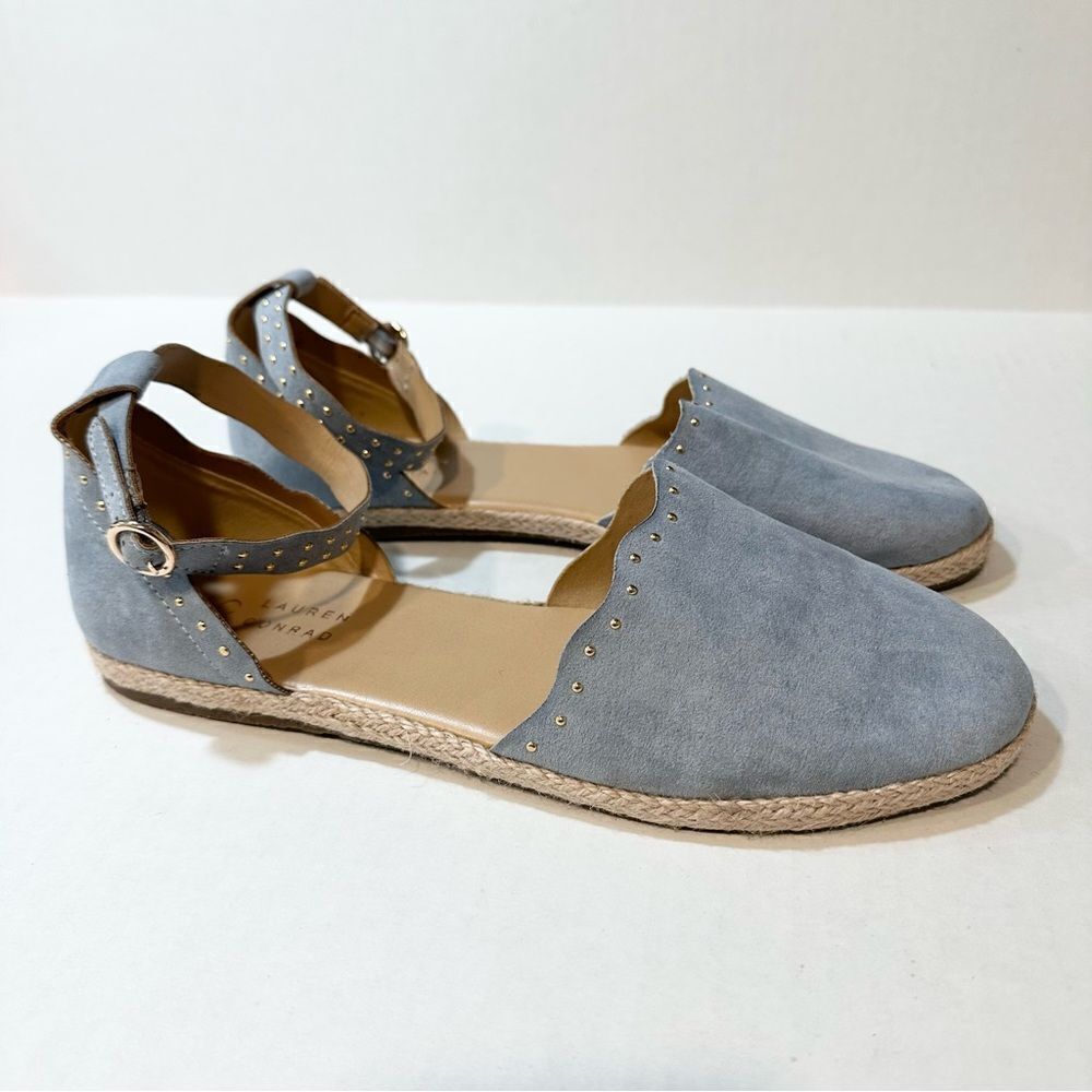 LC Lauren Conrad Sandals Steel Blue Gray Faux Suede Ankle Strap Size 10